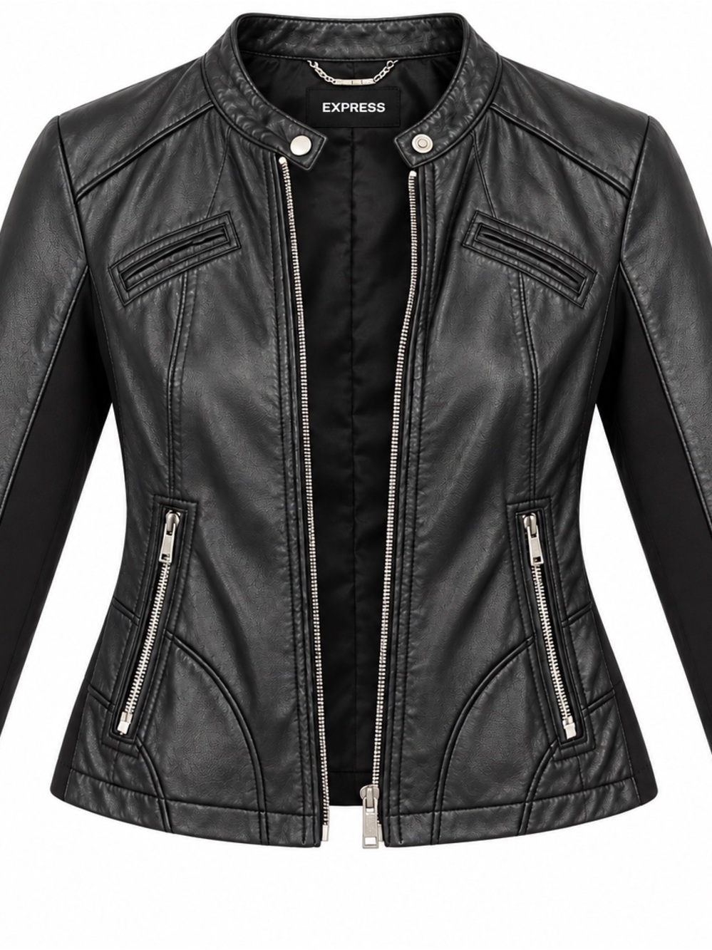 Express Black Faux Leather Moto Jacket with Silver Zippers